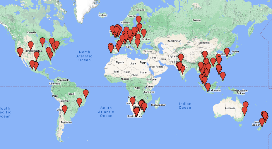 This world map shows the places from which participants join Waldorf 360.